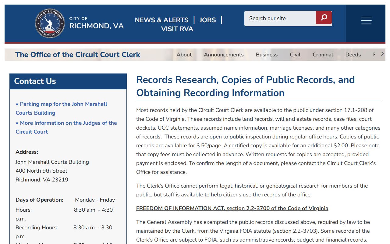 Richmond Circuit Court records page for bankruptcy and civil case research