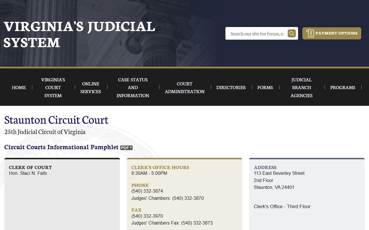 Staunton Circuit Court Virginia Judicial System page for case and bankruptcy research