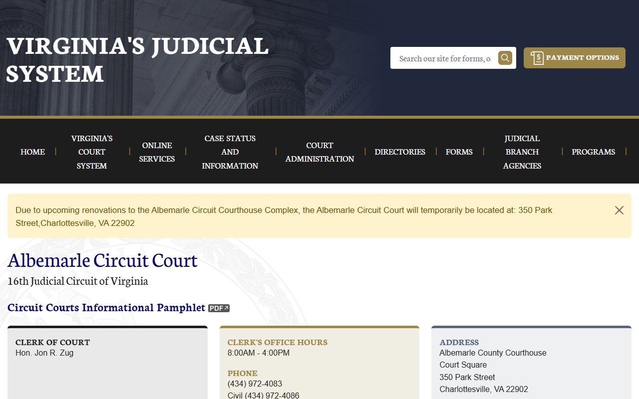 Virginia Judicial System page for Albemarle County circuit court and bankruptcy records access