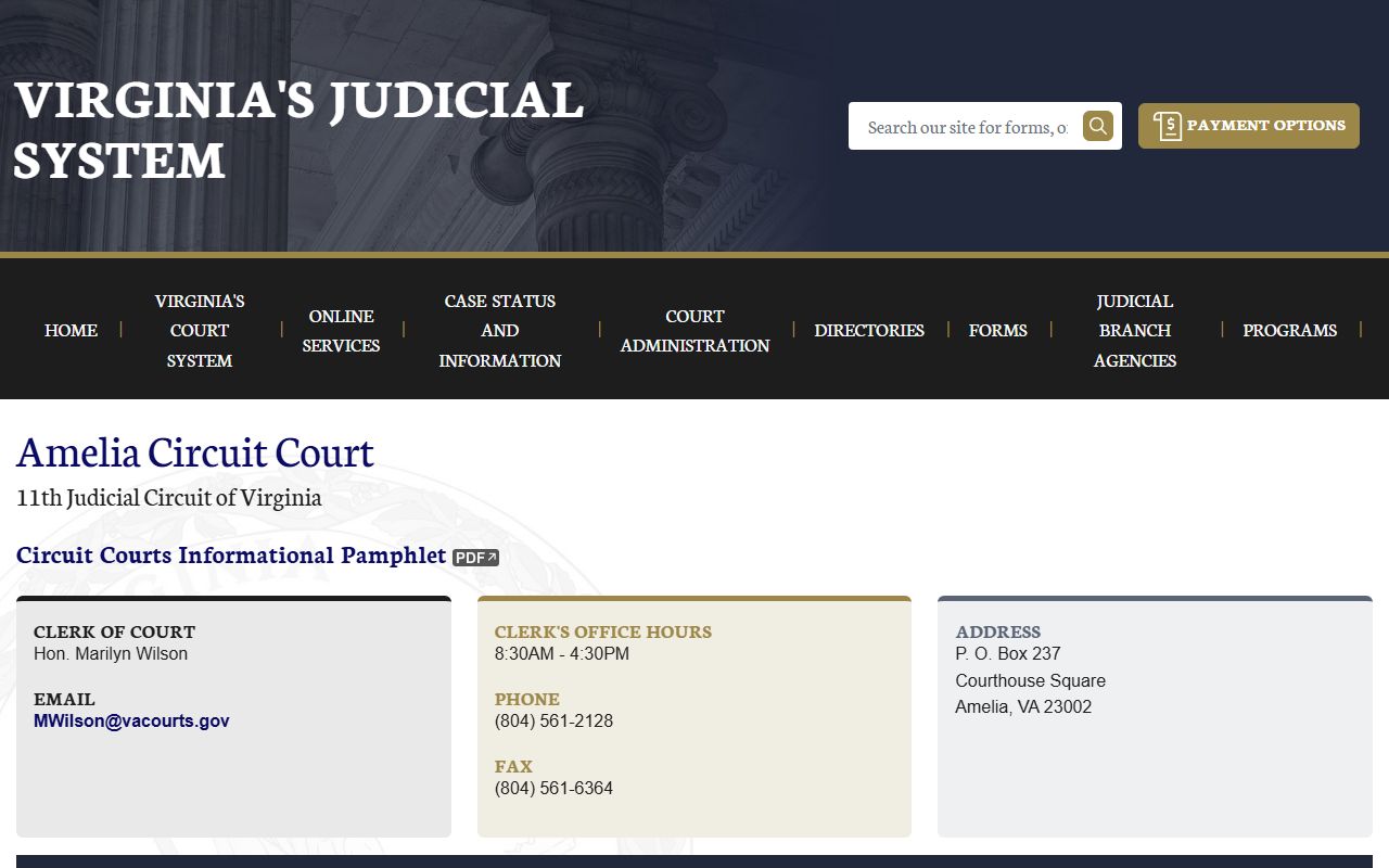 Virginia Judicial System page for Amelia County circuit court and bankruptcy records research