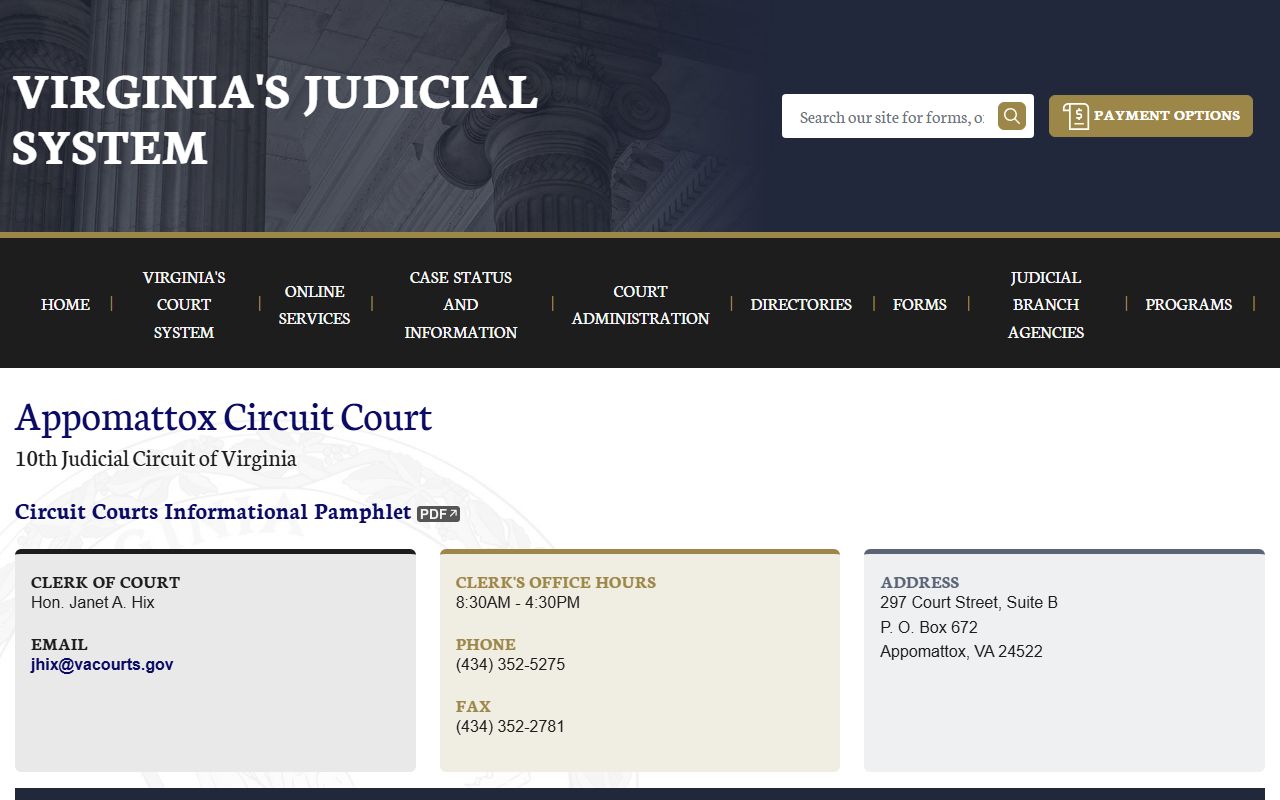 Virginia Judicial System page for Appomattox County circuit court and bankruptcy records access