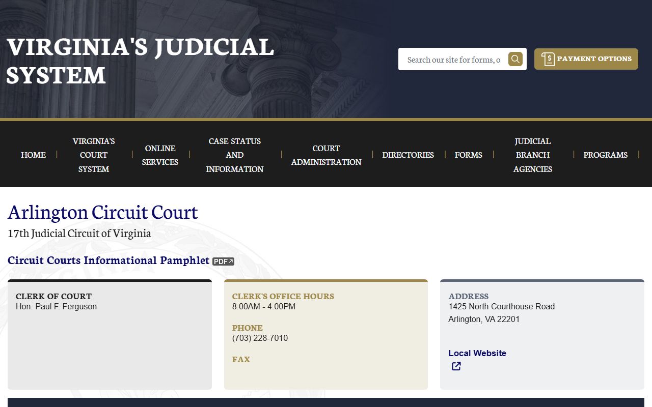 Virginia Judicial System circuit court page for Arlington County with bankruptcy records and court access information