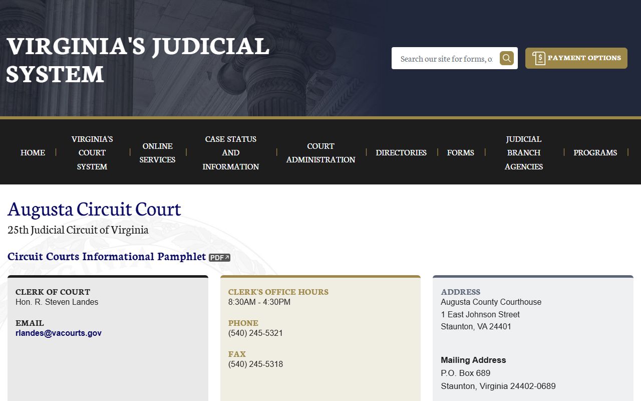 Virginia Judicial System circuit court page for Augusta County with bankruptcy records and court access