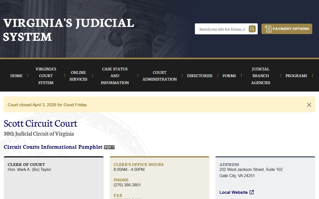 Virginia Judicial System Scott County circuit court page