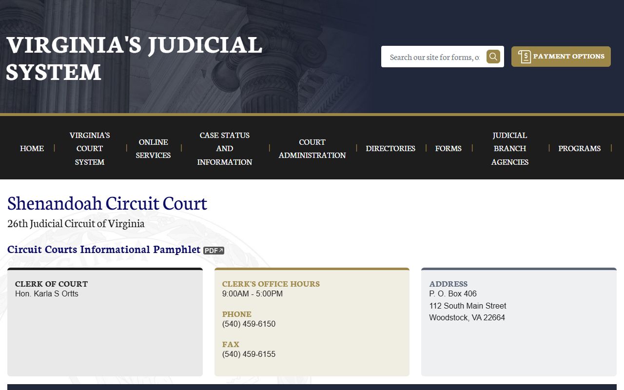 Virginia Judicial System Shenandoah County circuit court page