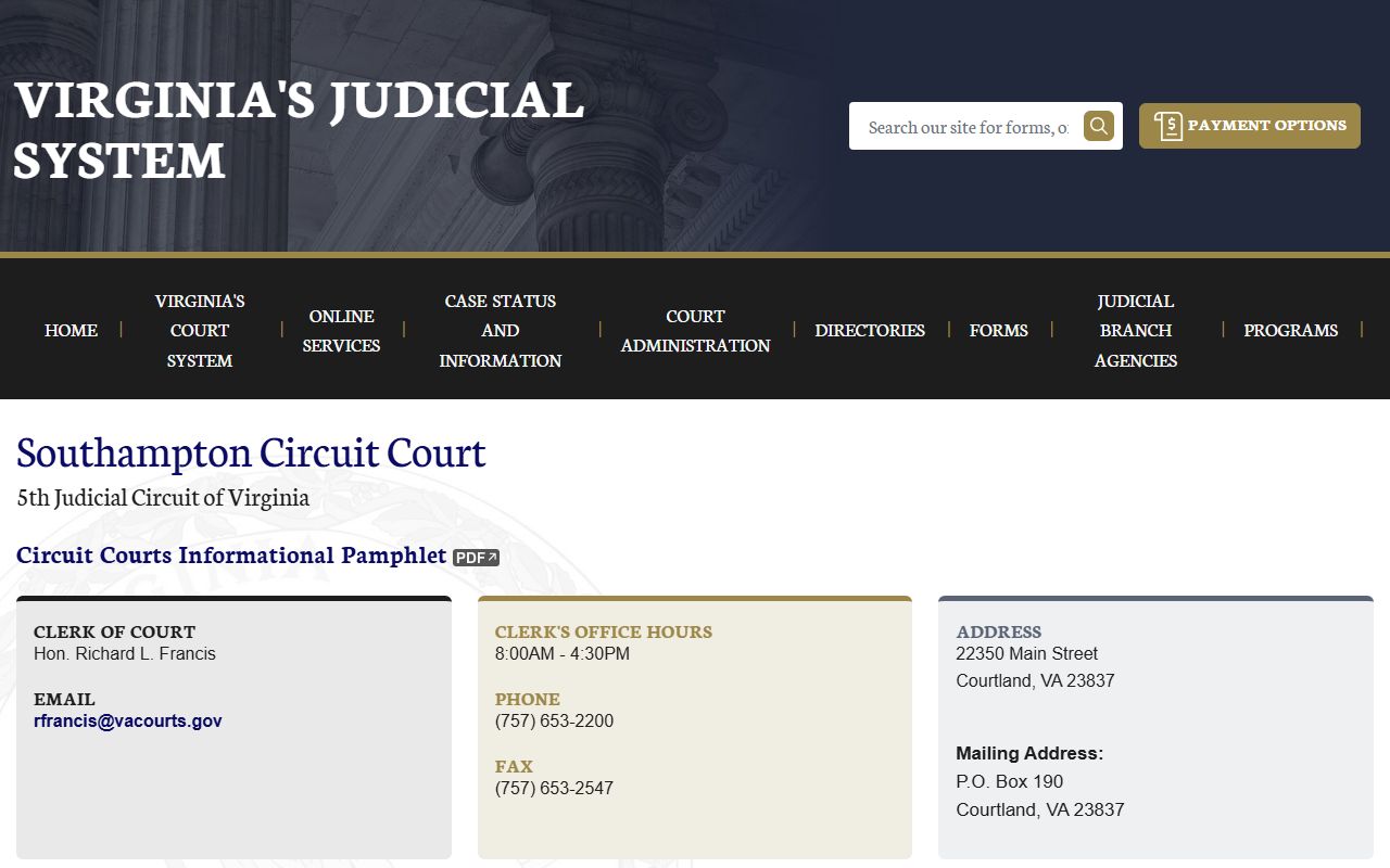 Virginia Judicial System Southampton County circuit court page