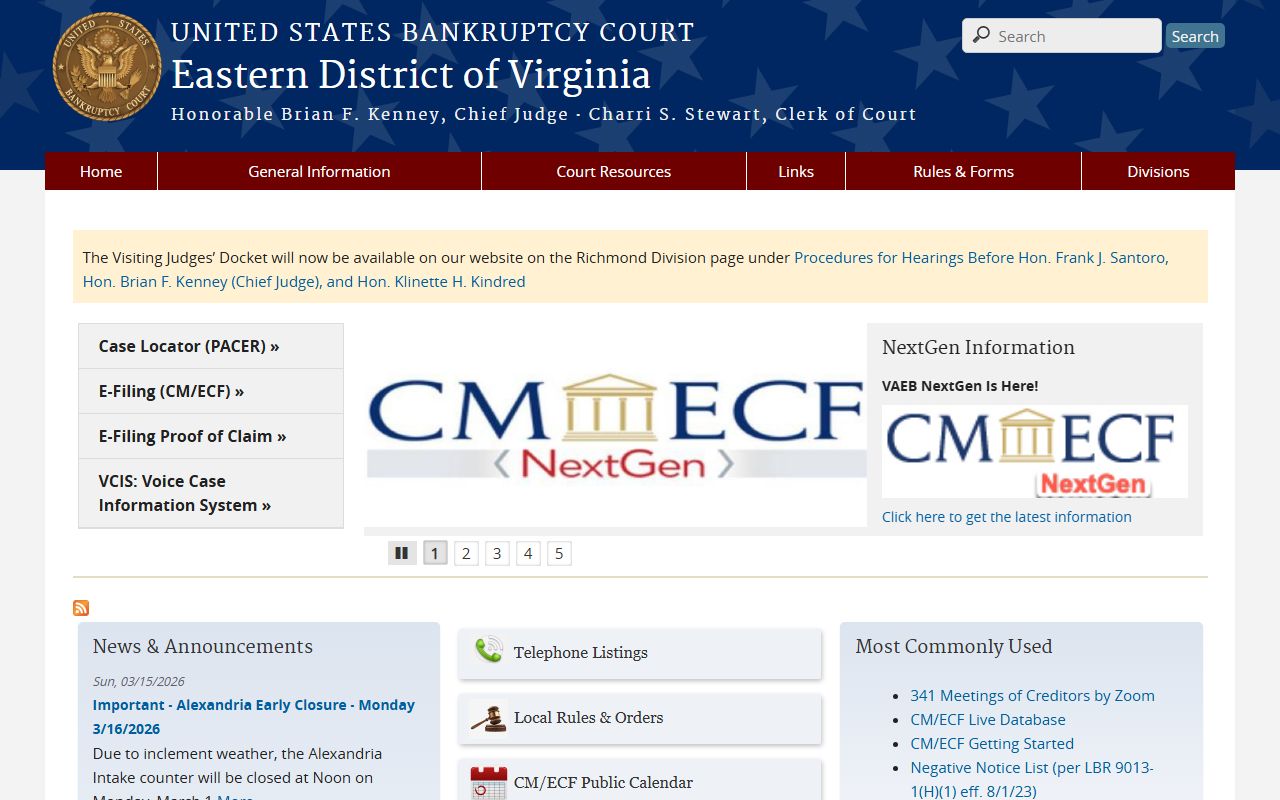 U.S. Bankruptcy Court Eastern District of Virginia website