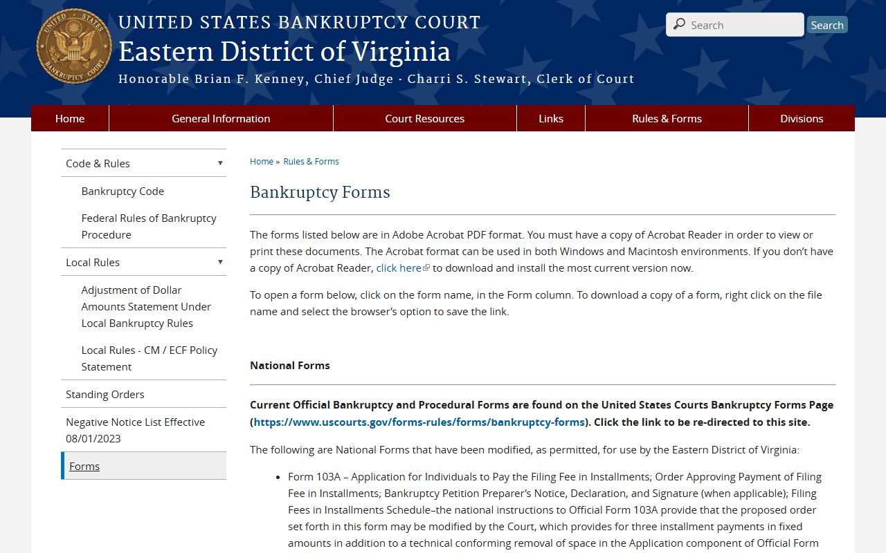 Eastern District of Virginia local bankruptcy forms library