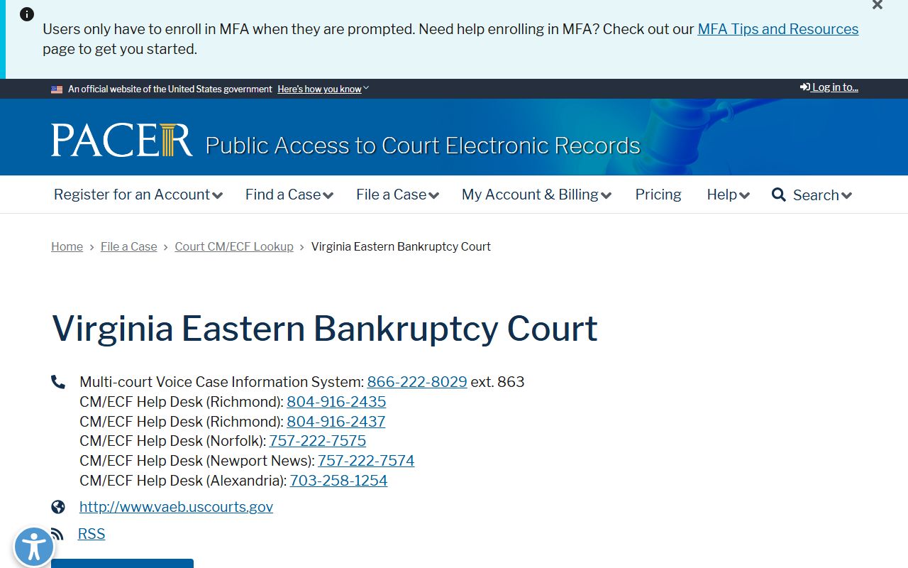 PACER information page for Eastern District of Virginia bankruptcy court