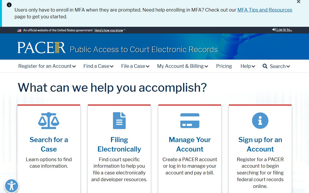 PACER national portal for federal court records access