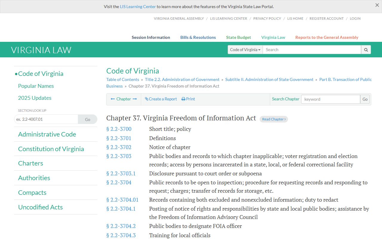 Virginia Freedom of Information Act statute at law.lis.virginia.gov