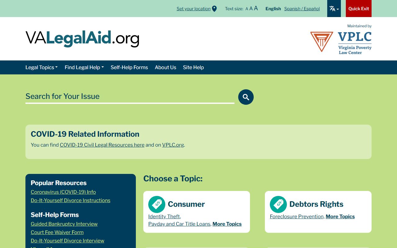 Virginia Legal Aid website providing free legal resources for bankruptcy