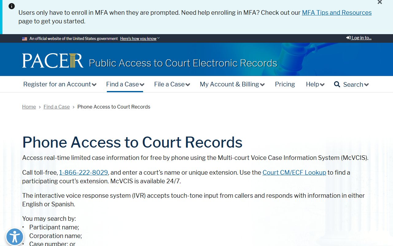 Voice Case Information System VCIS phone access for Virginia bankruptcy records